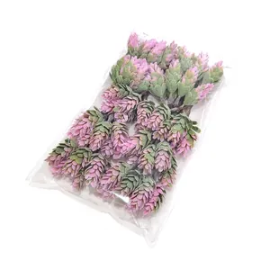 Macro view of artificial pink pineapple grass flowers inside clear plastic packaging bag