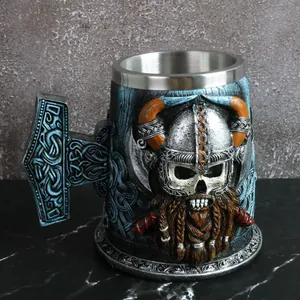 Retro Viking Piraat Schedel Bierpul Roestvrij Staal Grote Capaciteit Reliëf Bierpul Met Mjolnir Handvat Middeleeuwse Humpen Beker