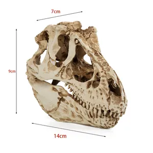 Detailed view of T-Rex skull model with 14cm, 9cm, and 7cm dimension markings.