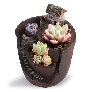 Creatieve Hars Sukkulenten Bloempot Miniatuur Landschap Pot Retro Rots Textuur Huis Trap Desktop Tuin Decoratie Ornament