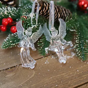 Detailansicht von transparenten Acryl-Engelsfiguren für den Weihnachtsbaum mit Schleifen