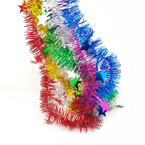 Colorful 2m Christmas tinsel garland with star cutouts for festive holiday decoration.