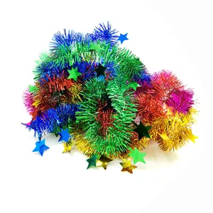 Close-up detail of 2m multi-colored Christmas tinsel garlands with metallic stars