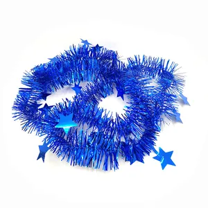 Close-up detail of a 2m blue metallic holiday tinsel garland with decorative stars