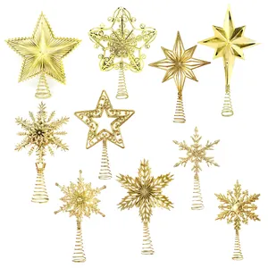 Christmas Tree Topper Star Golden Electroplated Plastic Star Decor For Holiday Ornaments With Spiral Spring Base Home Party Festive Supplies