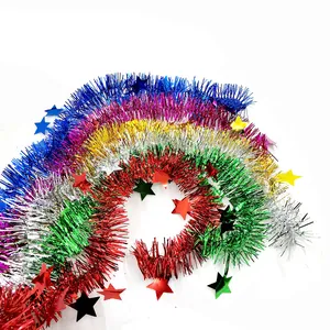 Close-up view of vibrant 2-meter colorful Christmas tinsel garlands with star accents