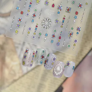 Detail view of jelly nail art stickers featuring luxury colorful gemstone patterns.