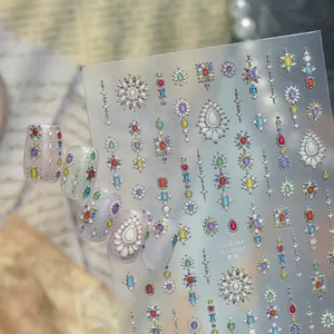 Macro view of 3D jelly nail stickers with ornate gemstone and pearl pattern detail