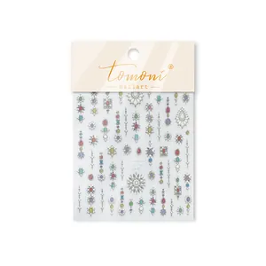 Detail of Tomoni nail art stickers featuring 3D colorful gemstone and jewel designs.