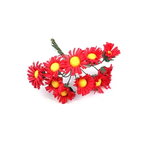 Detailed view of mini red artificial daisies with yellow centers for DIY floral crafts