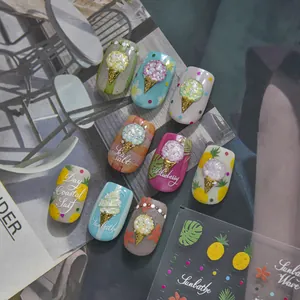 Pegatinas 3D para uñas de tema veraniego con diseños de helados y frutas tropicales cute