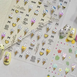 Dulces Pegatinas de Uñas Metálicas 3D Patrones de Helado y Pastel de Verano Decoraciones de Arte de Uñas en Relieve DIY para Mujeres Niños