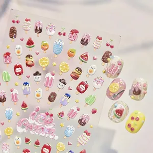 Autocollants Pour Ongles En Gelée 3D Relief Motif Glace Fruit Mignon Décalcomanies Adhésives Pour Enfants Fête Été Manucure Décor