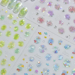 Detailed view of 3D jelly holographic nail stickers featuring ocean and flower designs