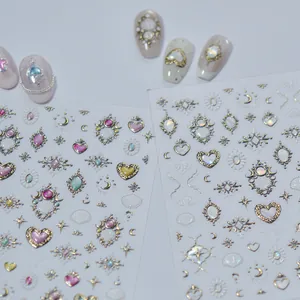 Autocollants nail art 3D or vintage avec pierres et motifs cœur lune