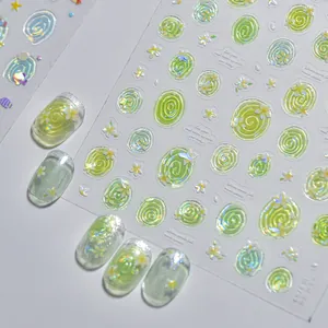 Close-up of translucent jelly floral nail art stickers with iridescent shell finish