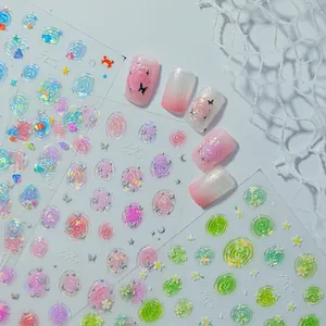 Macro detail of ice transparent jelly shell nail stickers with embossed floral patterns