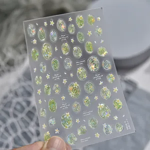 Macro detail showing the jelly shell luster of floral nail stickers with English text