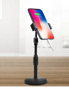 Detail view of black adjustable phone stand with rotating mount for live streaming and recording.