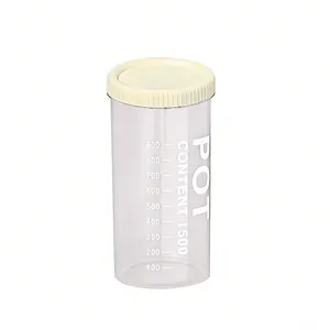 Transparent plastic food storage jar with scale markings and lid for kitchen dry goods.