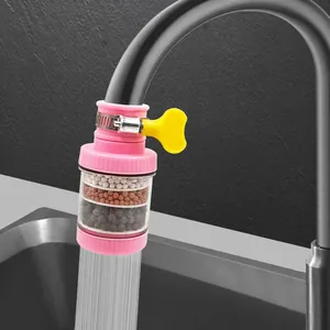 Kitchen faucet filter detail shot, universal splash-proof water saving shower nozzle.