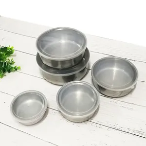 Stainless steel round food storage containers set with lids, five piece bowl set.