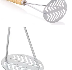 Stainless steel potato masher detail shot, durable metal plate and wooden handle.