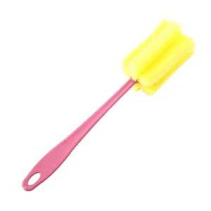 Long handled sponge cup brush with pink handle and yellow petal head for easy bottle cleaning.