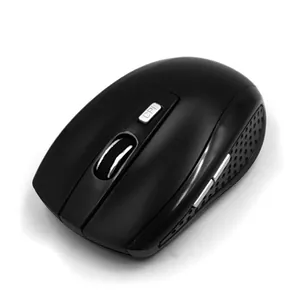 Black wireless mouse close-up featuring DPI switch button and ergonomic textured side grip.