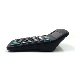 Calculadora de escritorio de 12 dígitos solar vista lateral con diseño ergonómico.