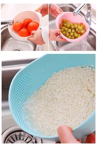 Plastic kitchen colander detail view, multi-functional draining basket for washing rice and fruit.
