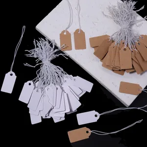 Blank paper price tags with strings, kraft and white hang tags for jewelry retail display.