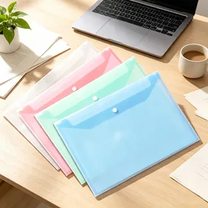 Detail shot of colorful transparent A4 plastic document folders with snap button on wooden desk.