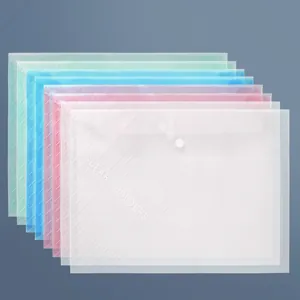 A4 clear plastic folder detail, snap button closing design, colorful translucent document storage.