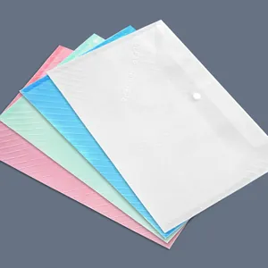 Clear plastic A4 document folder envelope with snap button and diagonal stripe design.