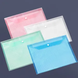 Transparent A4 plastic document folder with snap button, clear storage bag in multi-colors.