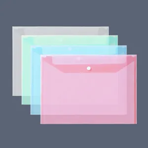 Transparent plastic document folder A4 size with snap button, multi-color storage bag.