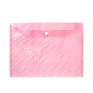 Pink translucent A4 plastic document folder close-up, featuring diagonal stripes and snap button.