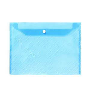 Transparent A4 plastic document folder with snap button and clear holders design for office use.