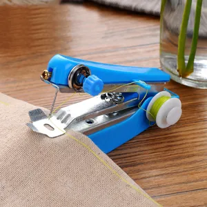 Portable handheld mini sewing machine for quick home and travel clothing fabric repairs.