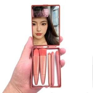 Portable travel makeup brush set 5pcs with mirror pink compact cosmetic tool detail
