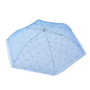 Cubierta plegable de malla para alimentos estilo paraguas contra moscas y mosquitos plato azul.