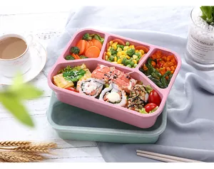 Wheat straw lunch box with four compartments, portable square bento container for daily meal prep.