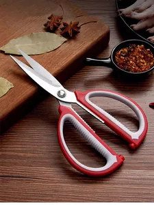 Mehrzweck Edelstahl Küchenschere mit ergonomischem rot-weißem Griff für den Haushalt.