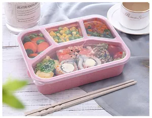 Wheat straw bento box, portable 4-compartment lunch box for school, office, and picnic use.