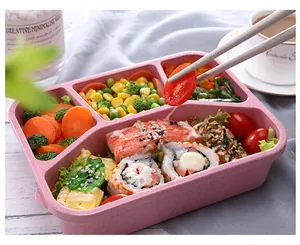 Wheat straw bento box four compartment lunch box portable pink meal container for school