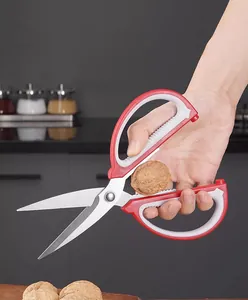 Mehrzweck Küchenschere Detailansicht aus Edelstahl mit ergonomischem Griff in rot weiß.