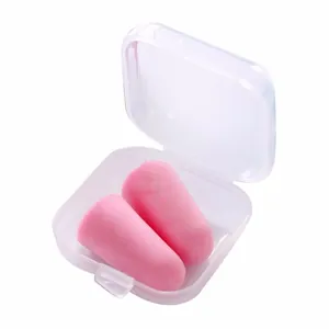 Clear plastic mini storage box with soft pink earplugs for small items portable organizer.