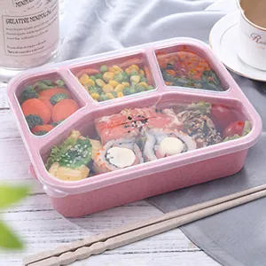 Wheat straw bento box, pink four-compartment portable lunch box for school or office.