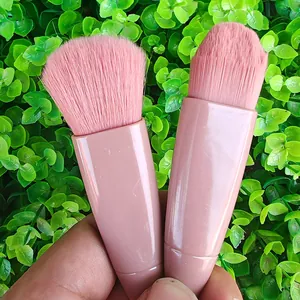 Portable pink makeup brush set, soft synthetic bristles for blush and powder application.